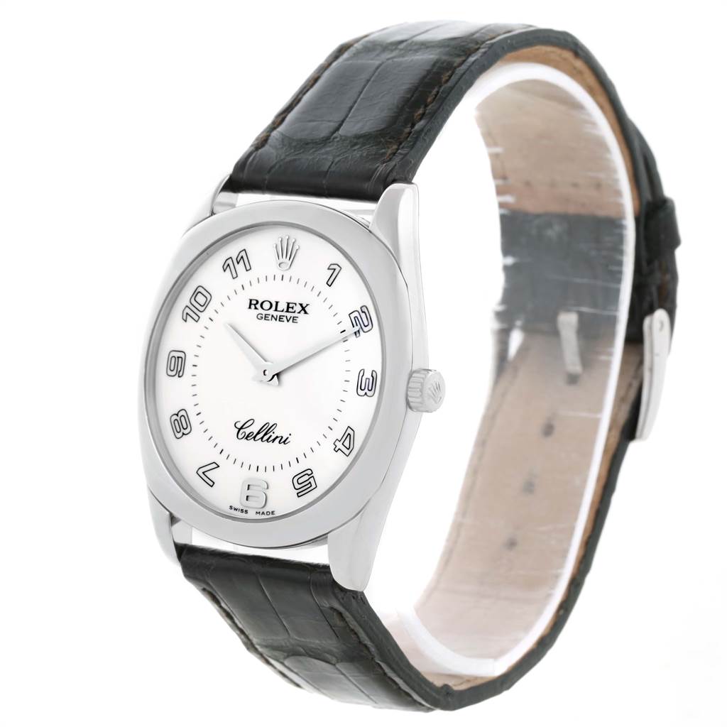 This image shows a Rolex Cellini 4233 Men's White Gold White Dial 4233 Men's White Gold White Dial watch from an angled front view, highlighting the face, crown, and leather strap.