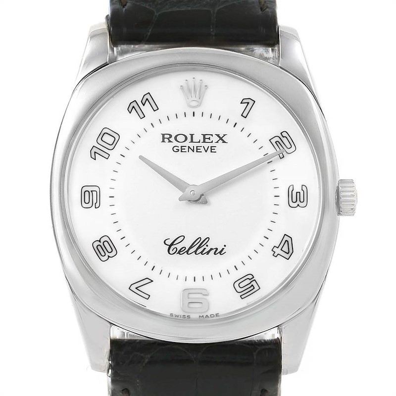 This image shows a front view of the Rolex Cellini watch, highlighting its dial, hands, crown, and part of the leather strap.