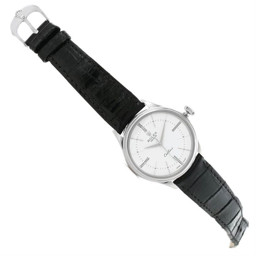 The image shows a Rolex Cellini 50509 Men's White Gold White Dial 50509 Men's White Gold White Dial watch from an angled perspective, displaying the face, bezel, case, crown, and leather strap.