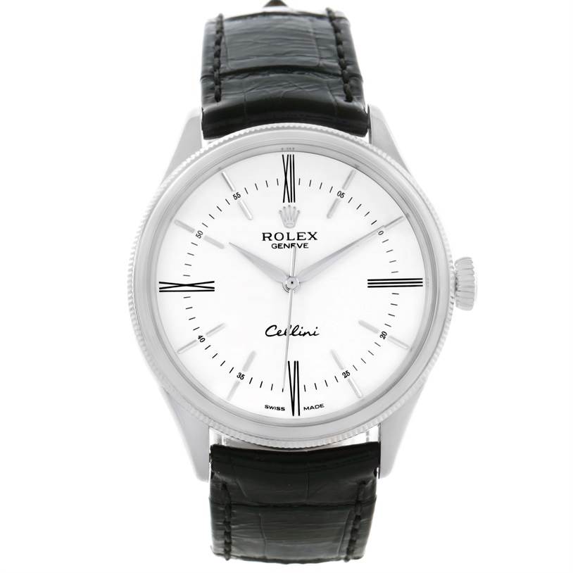 The Rolex Cellini 50509 Men's White Gold White Dial 50509 Men's White Gold White Dial watch is shown from a top view, displaying the face, bezel, crown, and leather strap.