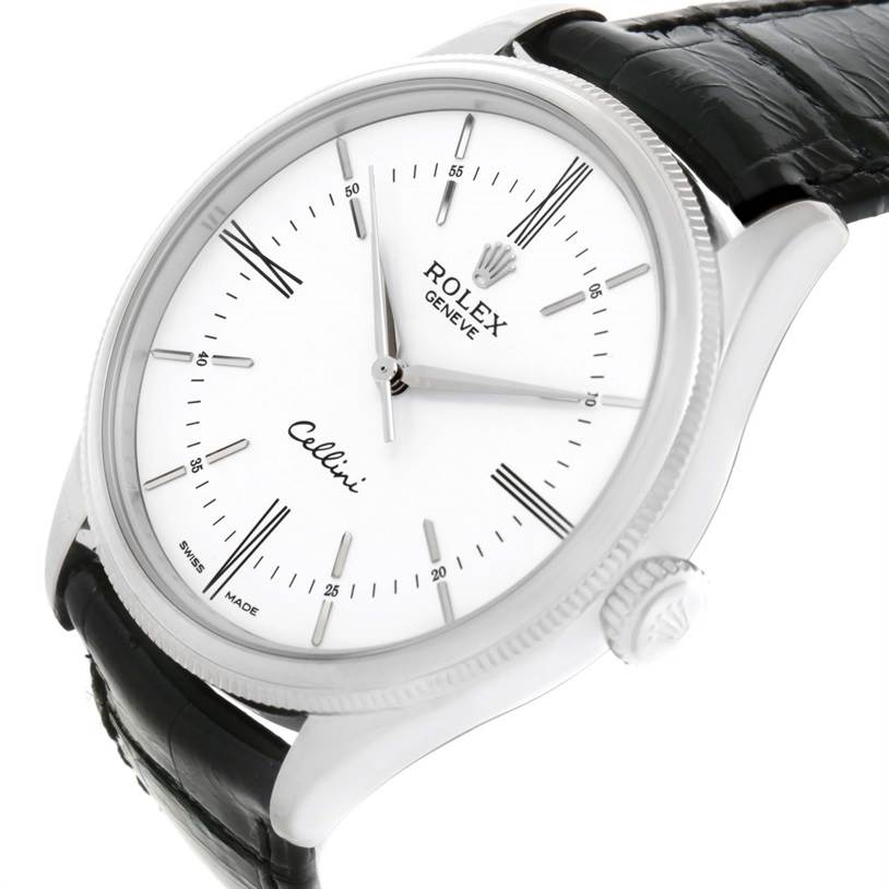 The image shows a Rolex Cellini 50509 Men's White Gold White Dial 50509 Men's White Gold White Dial watch at an angled close-up, highlighting the face, bezel, crown, and part of the strap.