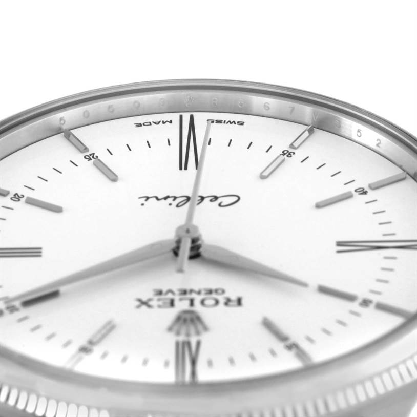 The image shows a close-up, angled view of the dial of a Rolex Cellini 50509 Men's White Gold White Dial 50509 Men's White Gold White Dial watch, highlighting the hands, markers, and text.