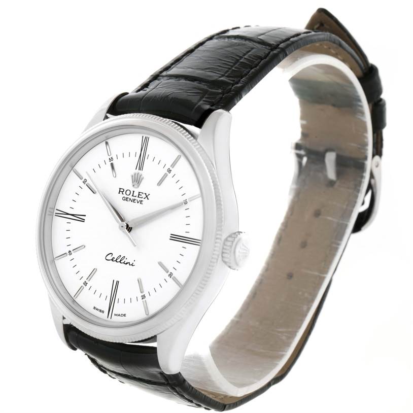 The image shows a Rolex Cellini 50509 Men's White Gold White Dial 50509 Men's White Gold White Dial watch at a three-quarter angle focusing on the face, crown, and strap.