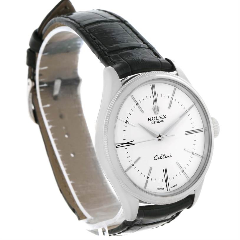 The image shows a Rolex Cellini 50509 Men's White Gold White Dial 50509 Men's White Gold White Dial watch at a slight angle, revealing the face, bezel, crown, and leather strap.