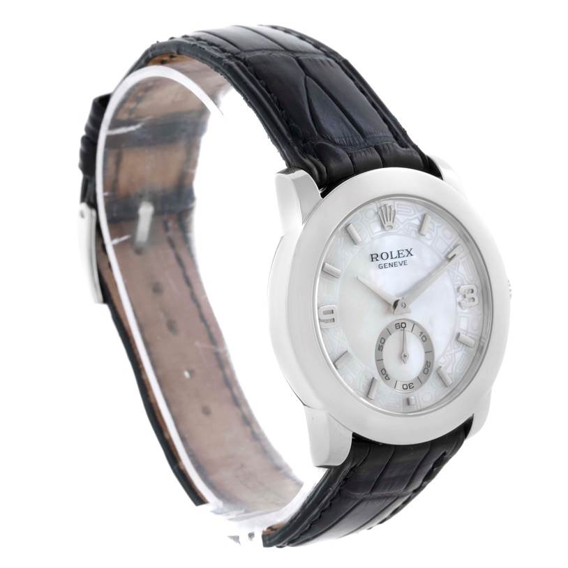 The image shows a side-angle view of a Rolex Cellini 5240 Men
s Platinum Mother of Pearl Dial 5240 Men
s Platinum Mother of Pearl Dial watch, featuring the dial, case, and leather strap.