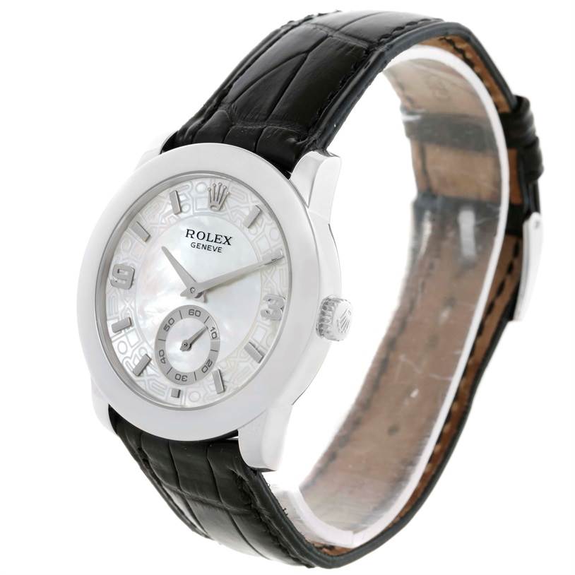 The image shows a side angle of the Rolex Cellini 5240 Men
s Platinum Mother of Pearl Dial 5240 Men
s Platinum Mother of Pearl Dial watch, highlighting its black leather strap, face, and crown.