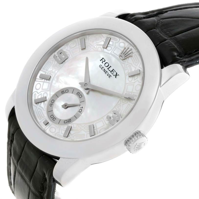 The image shows a close-up angled view of a Rolex Cellini 5240 Men
s Platinum Mother of Pearl Dial 5240 Men
s Platinum Mother of Pearl Dial watch, highlighting the dial, case, crown, and strap.