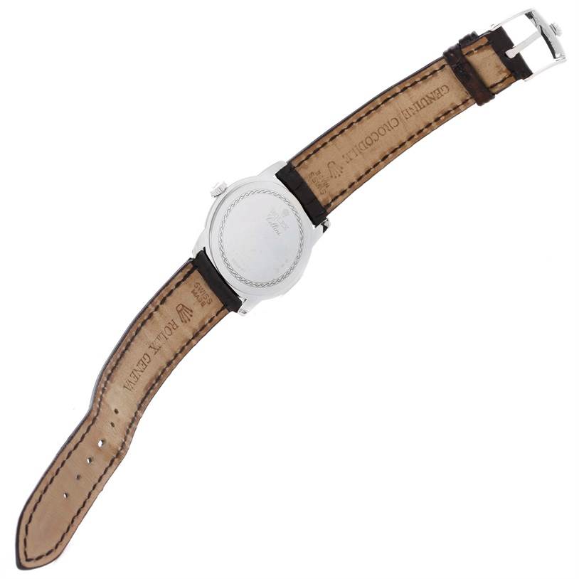 The image shows the back view of a Rolex Cellini 5240 Men
s Platinum Mother of Pearl Dial 5240 Men
s Platinum Mother of Pearl Dial watch with the strap fully extended.