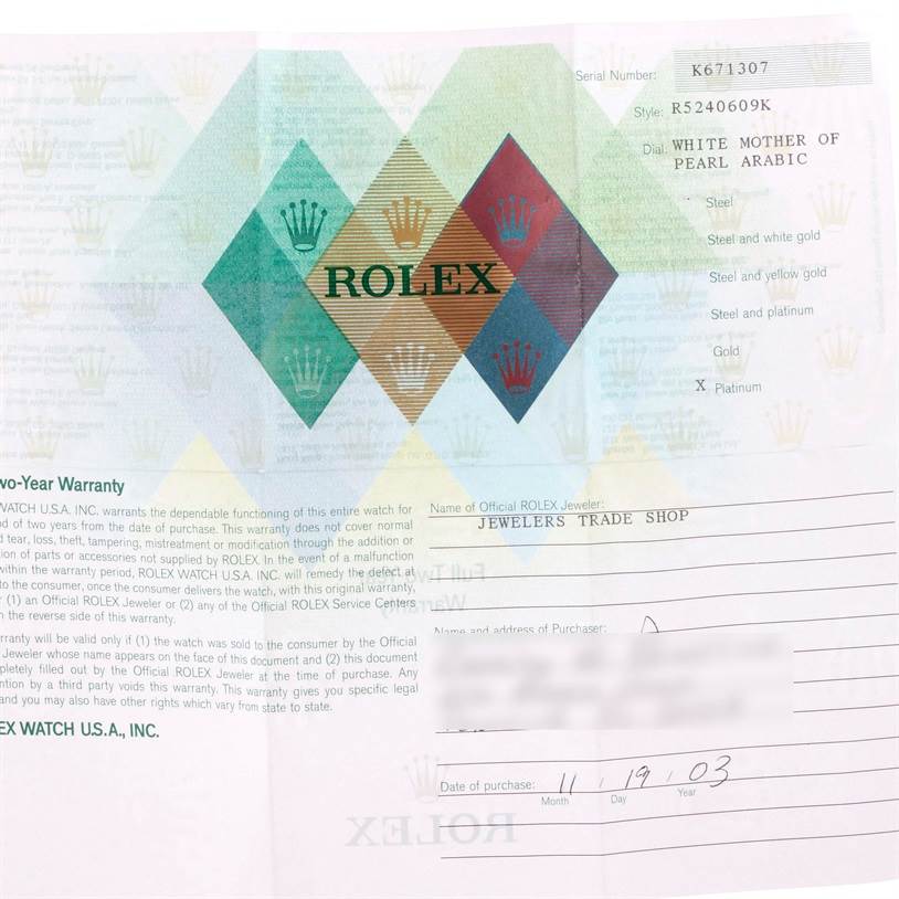 The image shows a warranty card for a Rolex Cellini 5240 Men
s Platinum Mother of Pearl Dial 5240 Men
s Platinum Mother of Pearl Dial model with details about its materials and purchase information.