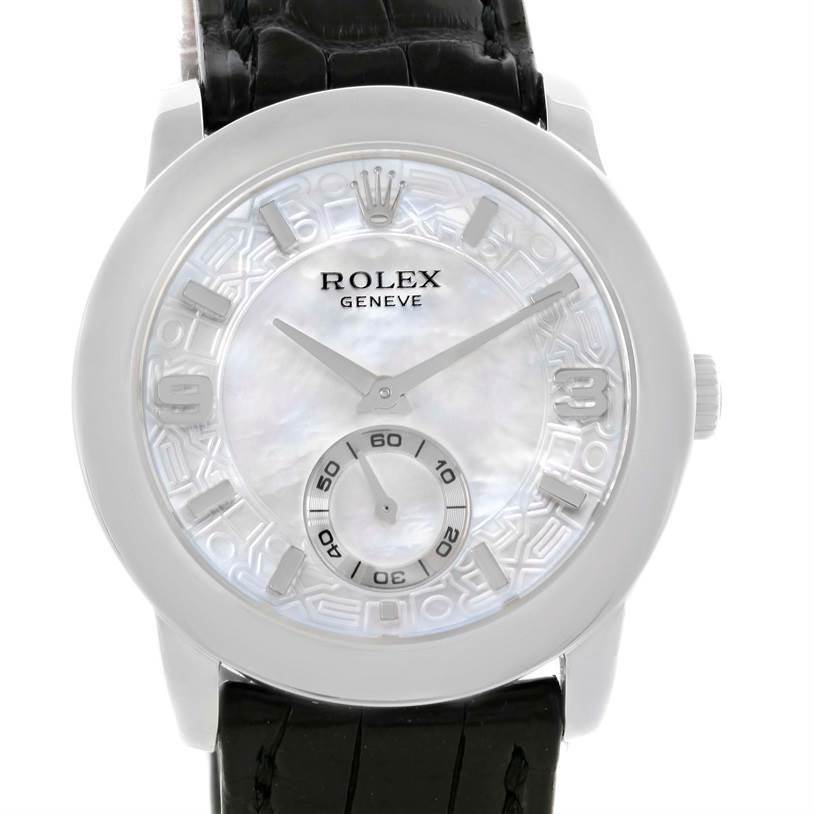 This is a front view of the face and dial of the Rolex Cellini 5240 Men
s Platinum Mother of Pearl Dial 5240 Men
s Platinum Mother of Pearl Dial watch, showcasing its detail and design.