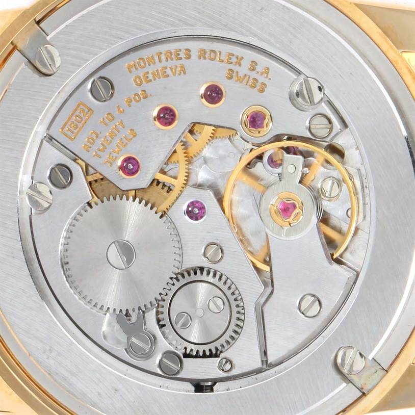 This image shows the detailed inner mechanical movement of a Rolex Cellini 5116 Yellow Gold Grey Dial 5116 Yellow Gold Grey Dial watch, viewed from the back.