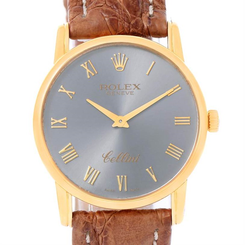 Rolex Cellini Classic 18k Yellow Gold Slate Dial Brown Strap Watch 5116 SwissWatchExpo