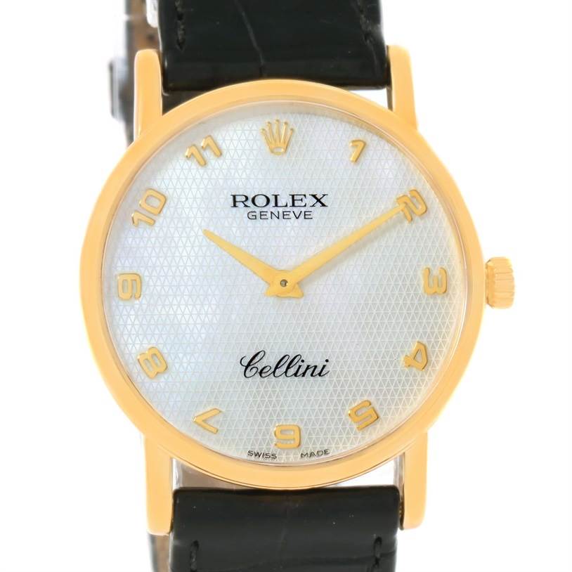 The Rolex Cellini 5115 Yellow Gold Mother of Pearl Dial 5115 Yellow Gold Mother of Pearl Dial watch is shown from the front, highlighting its dial, numerals, hands, and crown.