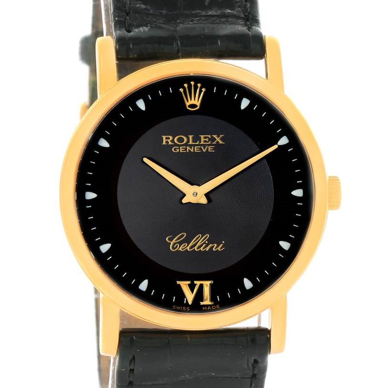 Rolex Cellini Classic 18K Yellow Gold Black Dial Watch 5115 Box Papers SwissWatchExpo