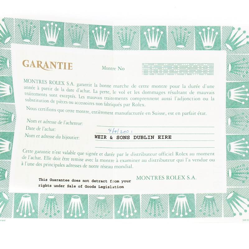 This image shows the warranty card for a Rolex Cellini 5115 Yellow Gold Black Dial 5115 Yellow Gold Black Dial model watch, including purchase details.