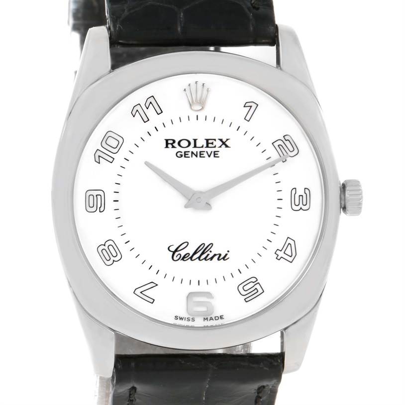This image shows a front view of a Rolex Cellini 4233 White Gold White Dial 4233 White Gold White Dial watch, displaying the face, case, and part of the leather strap.