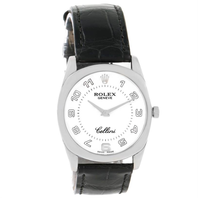 This image shows a frontal view of a Rolex Cellini 4233 White Gold White Dial 4233 White Gold White Dial watch, highlighting its dial, hands, hour markers, and black leather strap.