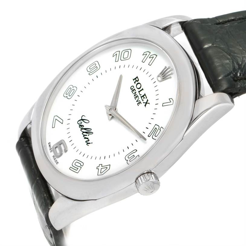The Rolex Cellini 4233 White Gold White Dial 4233 White Gold White Dial watch is shown at an angled view, displaying the face, casing, crown, and part of the strap.