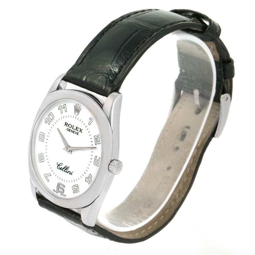 The Rolex Cellini 4233 White Gold White Dial 4233 White Gold White Dial watch is shown at an angle displaying the watch face, crown, and strap.