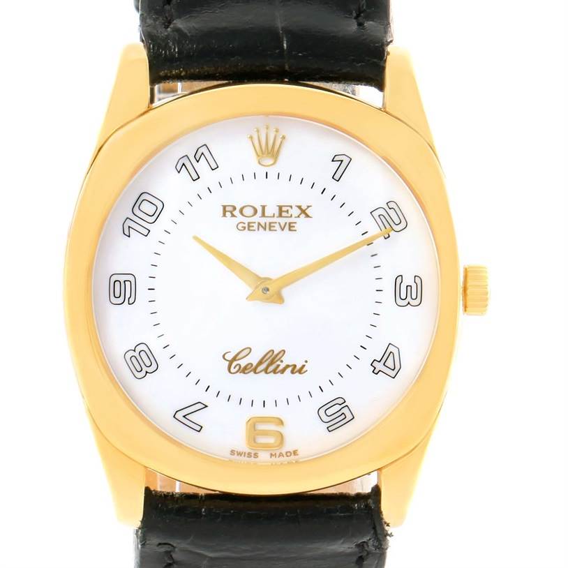 The image shows the front view of a Rolex Cellini 4233 Yellow Gold White Dial 4233 Yellow Gold White Dial watch with a gold case, white dial, and black leather strap.
