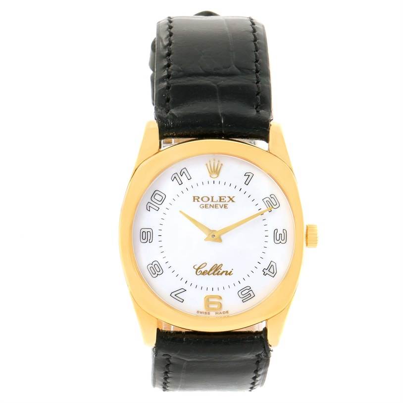 This Rolex Cellini 4233 Yellow Gold White Dial 4233 Yellow Gold White Dial watch is shown from a direct front angle, displaying its face, bezel, and black leather strap.