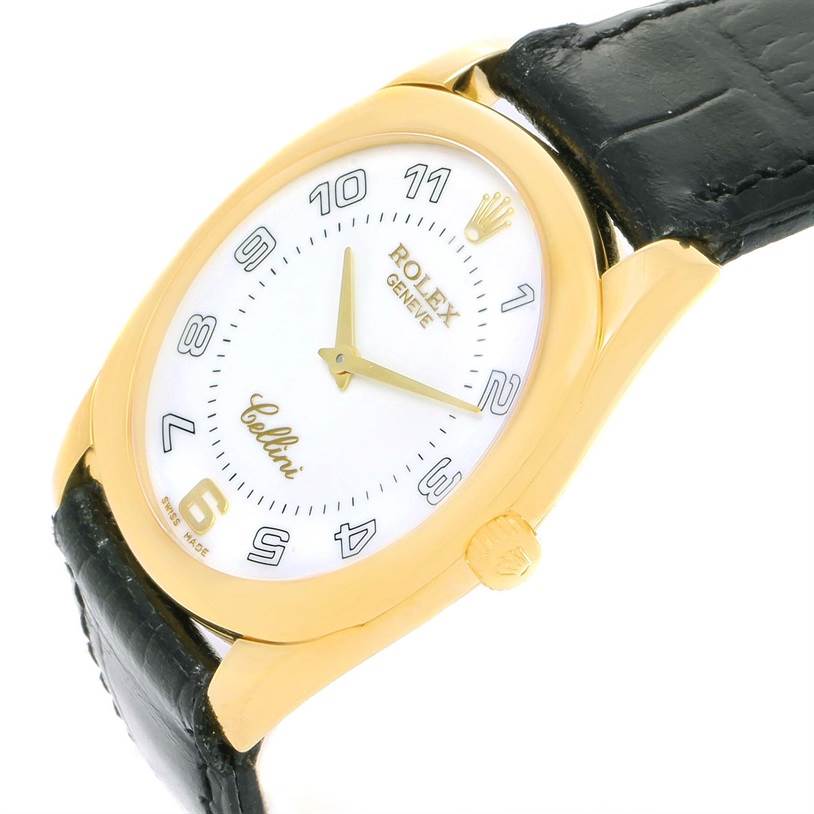 The image shows a Rolex Cellini 4233 Yellow Gold White Dial 4233 Yellow Gold White Dial watch at an angle highlighting its face, crown, and black leather strap.