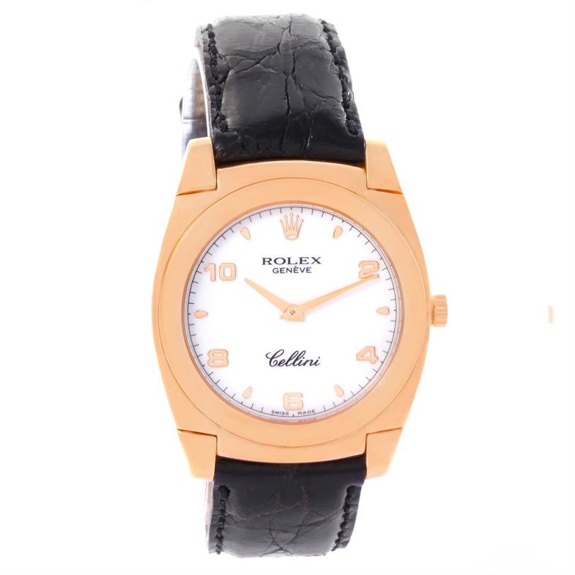 This image shows a Rolex Cellini 5330 Rose Gold White Dial 5330 Rose Gold White Dial watch from the front, featuring its face, dial, hands, and black leather strap.