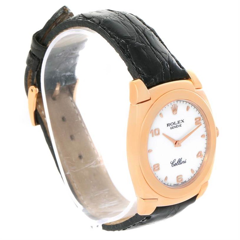 Rolex Cellini Cestello 18K Rose Gold White Dial Black Strap Watch 5330 SwissWatchExpo