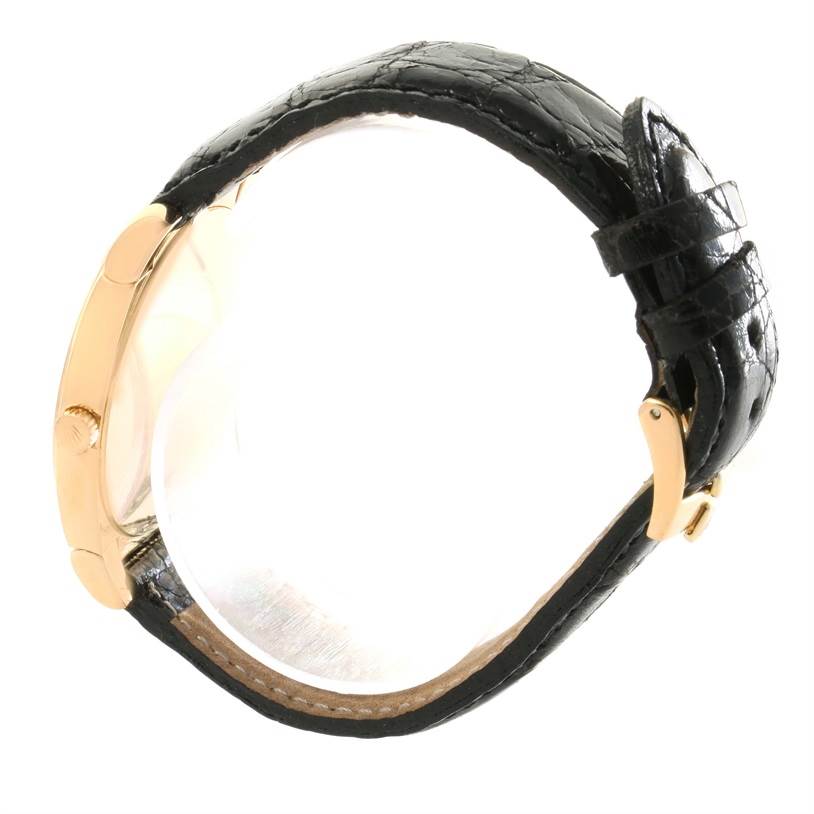 The image shows a side view of a Rolex Cellini 5330 Rose Gold White Dial 5330 Rose Gold White Dial watch, highlighting the black leather strap and the gold case.