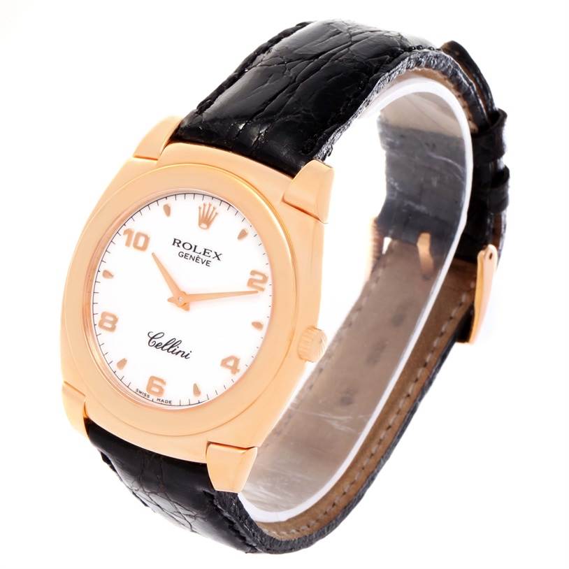 This is a Rolex Cellini 5330 Rose Gold White Dial 5330 Rose Gold White Dial watch shown at a three-quarter view displaying its face, leather band, and crown.