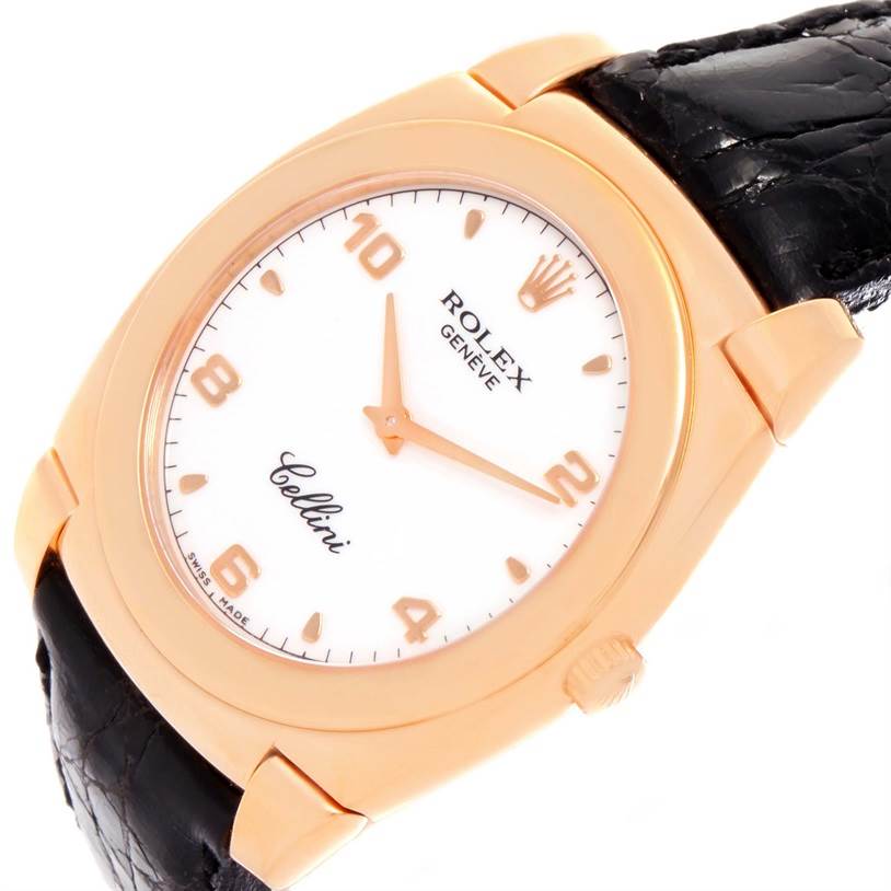 The image shows a close-up angled view of a Rolex Cellini 5330 Rose Gold White Dial 5330 Rose Gold White Dial watch, highlighting the face, case, and black leather strap.
