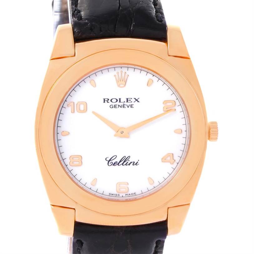 The image shows a front view of a Rolex Cellini 5330 Rose Gold White Dial 5330 Rose Gold White Dial watch, highlighting the dial, crown, case, and strap attachment.