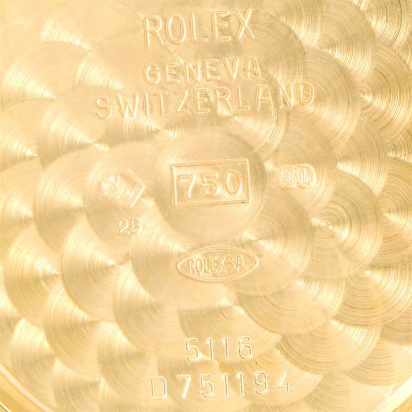 This image shows the engraved back case of a Rolex Cellini 5116 Men's Yellow Gold Beige Dial 5116 Men's Yellow Gold Beige Dial watch with model and certification details.