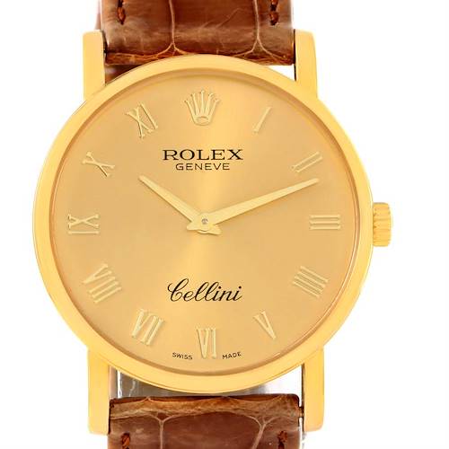 Photo of Rolex Cellini Classic Yellow Gold Roman Dial Brown Strap Watch 5115