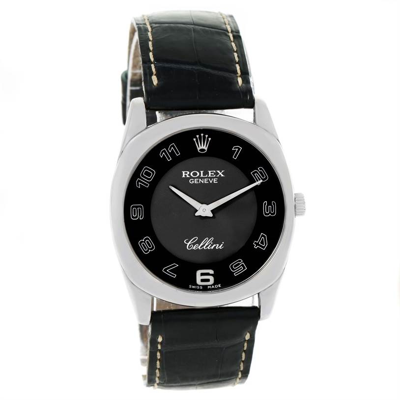 The Rolex Cellini 4233 Men
s White Gold Black Dial 4233 Men
s White Gold Black Dial watch shown is captured from a front angle, displaying its face, dial, hands, crown, and leather strap.