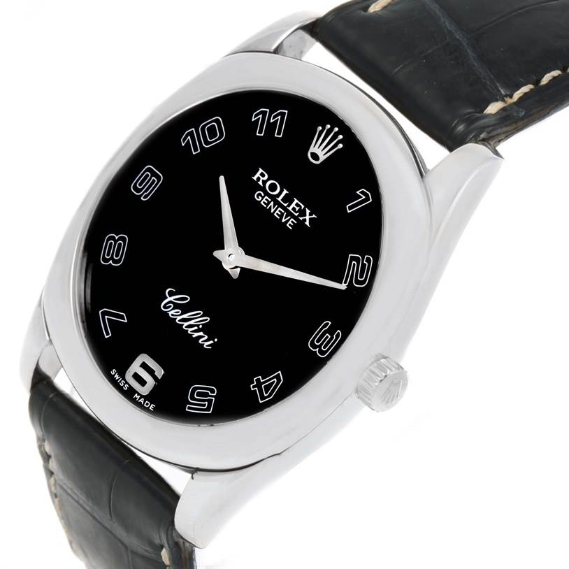 The image shows a angled view of the Rolex Cellini 4233 Men
s White Gold Black Dial 4233 Men
s White Gold Black Dial watch, focusing on its black dial, hour markers, and black leather strap.