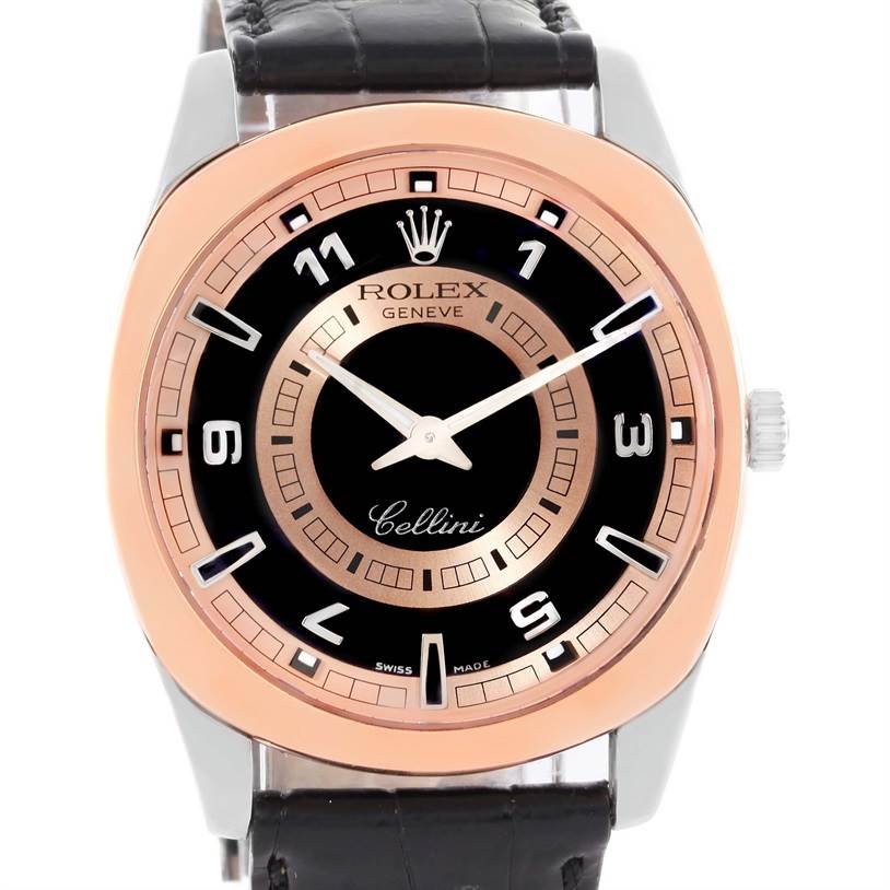 This image shows a front angle view of a Rolex Cellini 4243 Men
s White Gold Black Dial 4243 Men
s White Gold Black Dial watch, highlighting the dial, bezel, and strap.