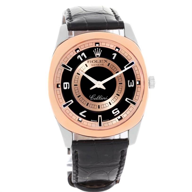 The image shows a front view of a Rolex Cellini 4243 Men
s White Gold Black Dial 4243 Men
s White Gold Black Dial model, displaying the watch face, bezel, and leather strap.