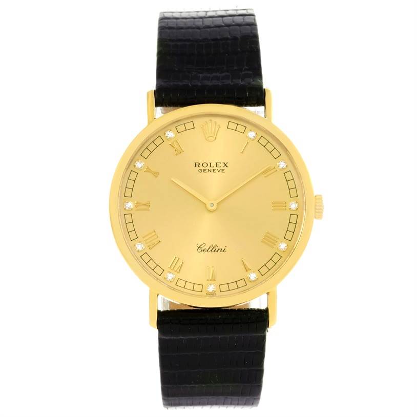 The image shows a front view of a Rolex Cellini 5112 Men's Yellow Gold Champagne Dial 5112 Men's Yellow Gold Champagne Dial watch with a gold case and black leather strap.