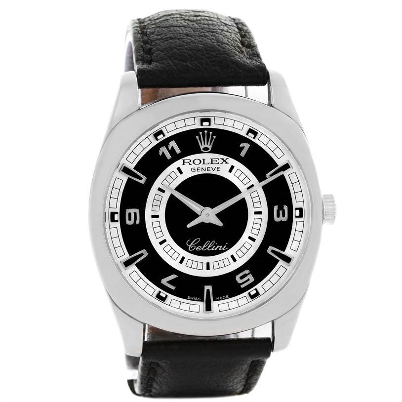 The image shows a front angle of a Rolex Cellini 4243 Men's White Gold Black Dial 4243 Men's White Gold Black Dial watch with a black leather strap and a black dial.