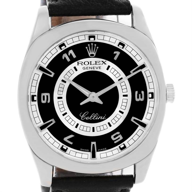 This image shows a front view of a Rolex Cellini 4243 Men's White Gold Black Dial 4243 Men's White Gold Black Dial watch, highlighting its dial, hands, crown, and part of the strap.