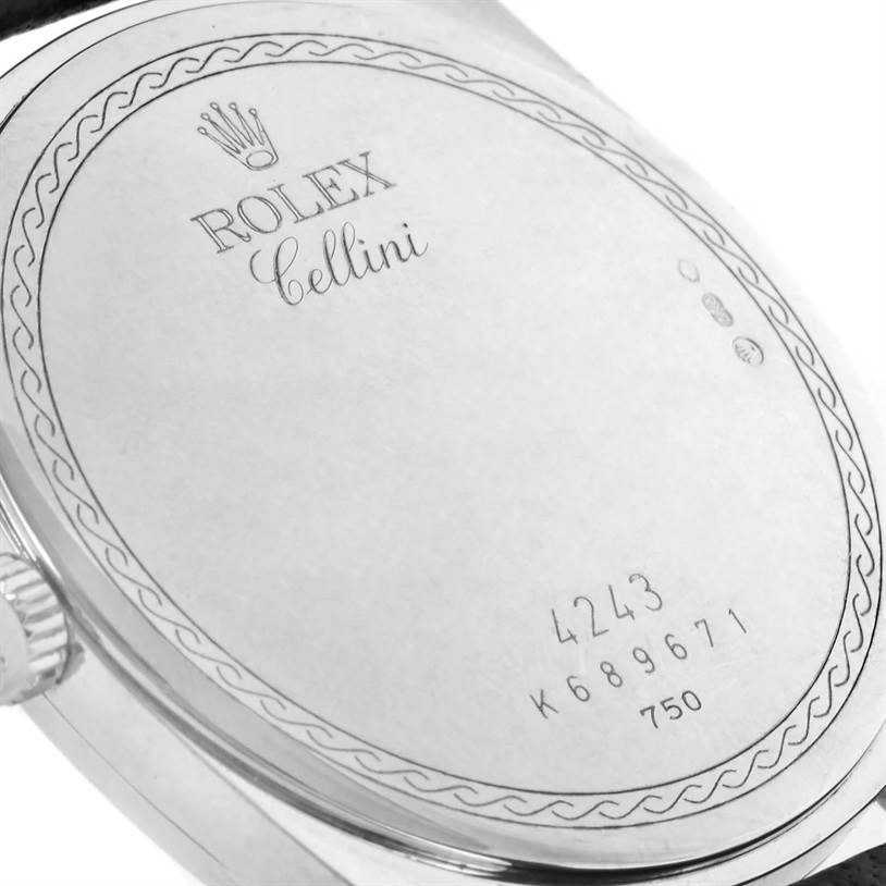 The image shows the back case of a Rolex Cellini 4243 Men's White Gold Black Dial 4243 Men's White Gold Black Dial watch, focusing on the engraved model information and Rolex logo.
