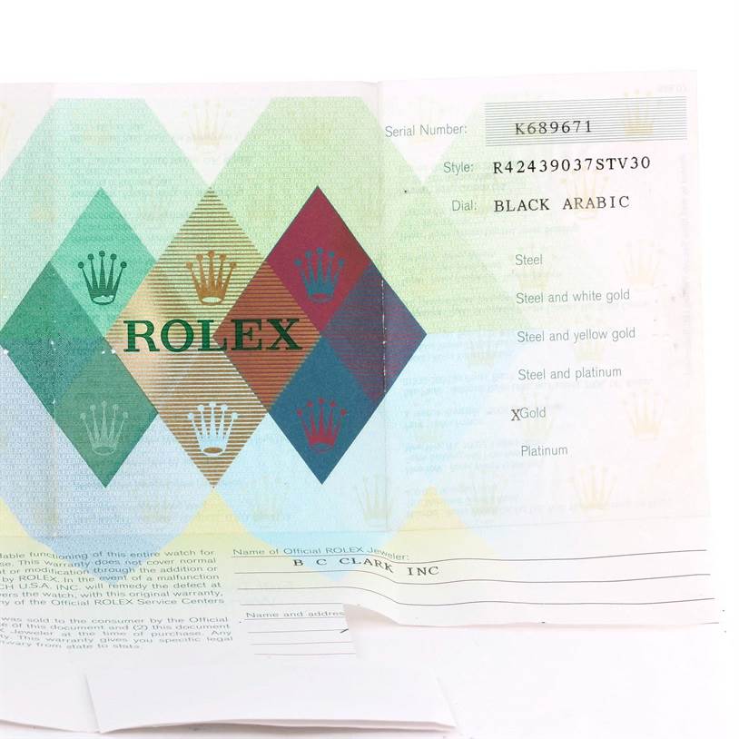 The image shows the official warranty paperwork for a Rolex Cellini 4243 Men's White Gold Black Dial 4243 Men's White Gold Black Dial watch, detailing the model, serial number, and dial type.