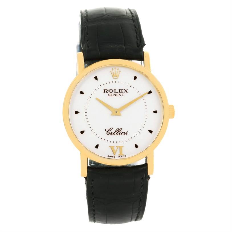 The image shows a front view of a Rolex Cellini 5115 Yellow Gold Silver Dial 5115 Yellow Gold Silver Dial watch with a gold case and black leather strap.