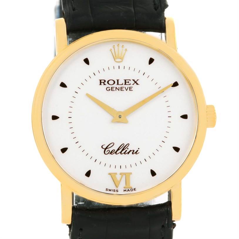 The image shows a front view of the Rolex Cellini 5115 Yellow Gold Silver Dial 5115 Yellow Gold Silver Dial watch, highlighting its white dial, gold case, and black leather strap.