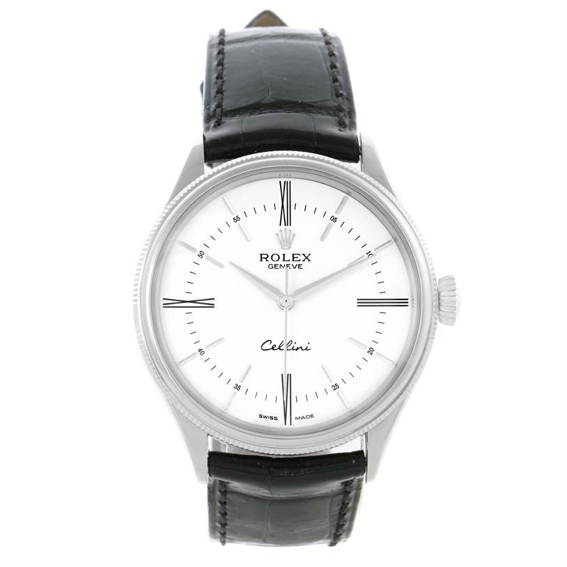 The image shows a front view of the Rolex Cellini 50509 Men's White Gold White Dial 50509 Men's White Gold White Dial watch, displaying the dial, bezel, crown, and black leather strap.