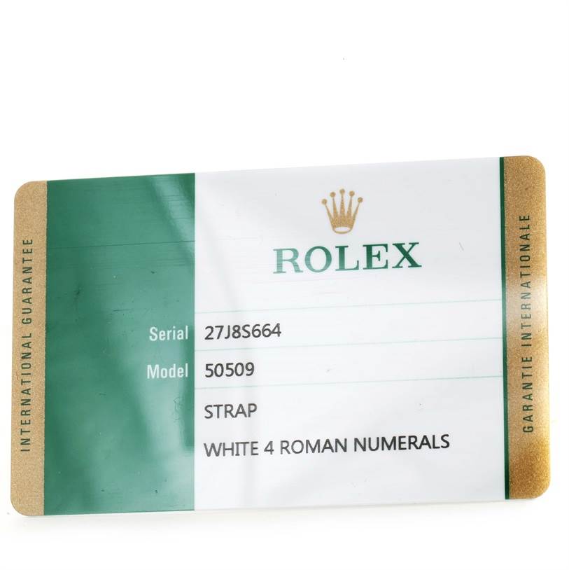 The image shows the international guarantee card for a Rolex Cellini 50509 Men's White Gold White Dial 50509 Men's White Gold White Dial model 50509 with details including the serial number and strap information.