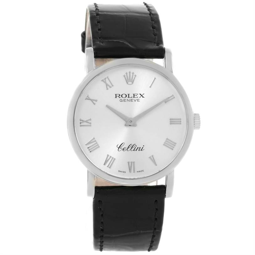 The photo shows the front of a Rolex Cellini 5115 White Gold Silver Dial 5115 White Gold Silver Dial watch, displaying its dial, Roman numeral markers, and black leather strap.