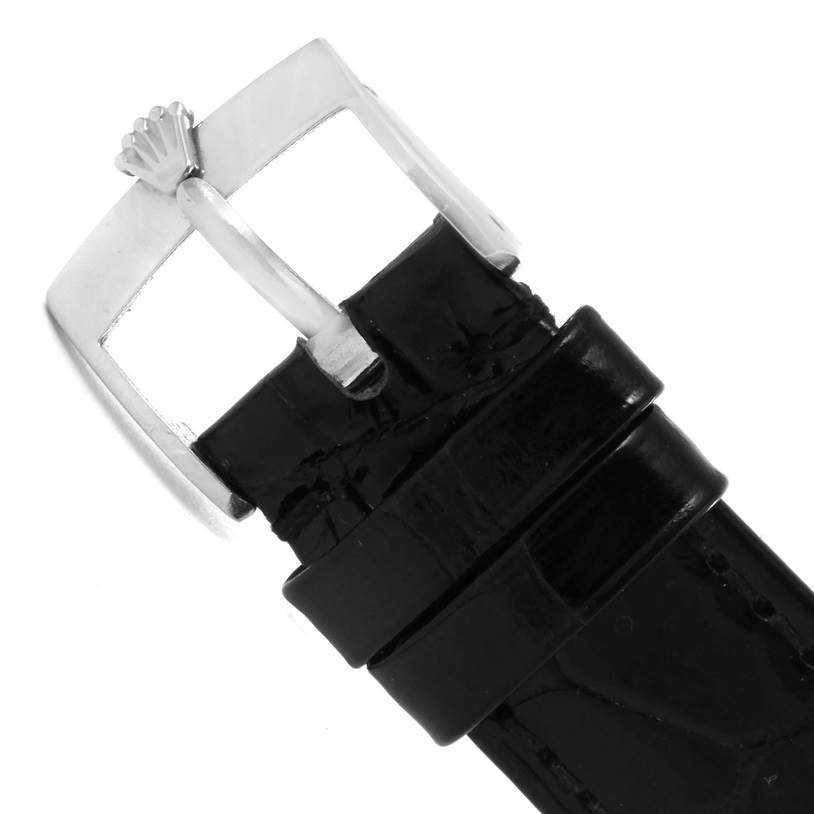 This image shows a close-up of the buckle and strap of a Rolex Cellini 5115 White Gold Silver Dial 5115 White Gold Silver Dial watch.