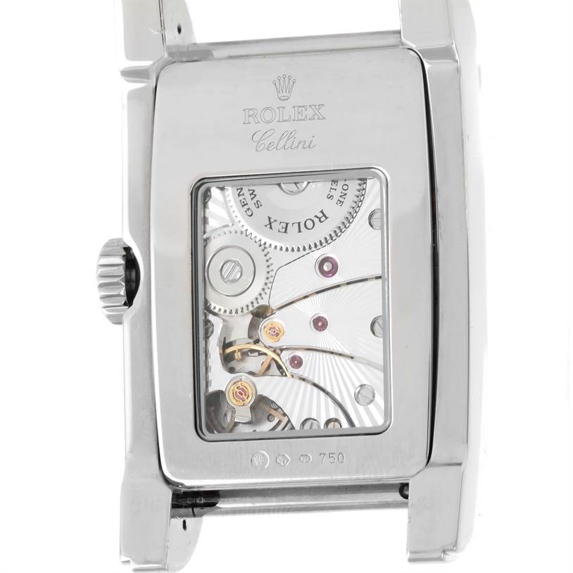 The image shows the back of the Rolex Cellini 5443 Men's White Gold Black Dial 5443 Men's White Gold Black Dial watch, highlighting its intricate movement and internal mechanics.